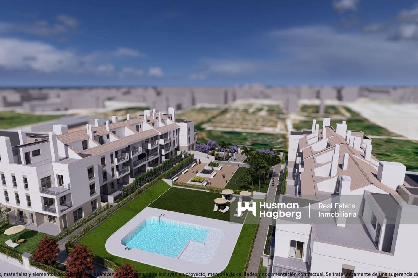 Moderna nybyggda bostäder med 2 sovrum, pool och grönom