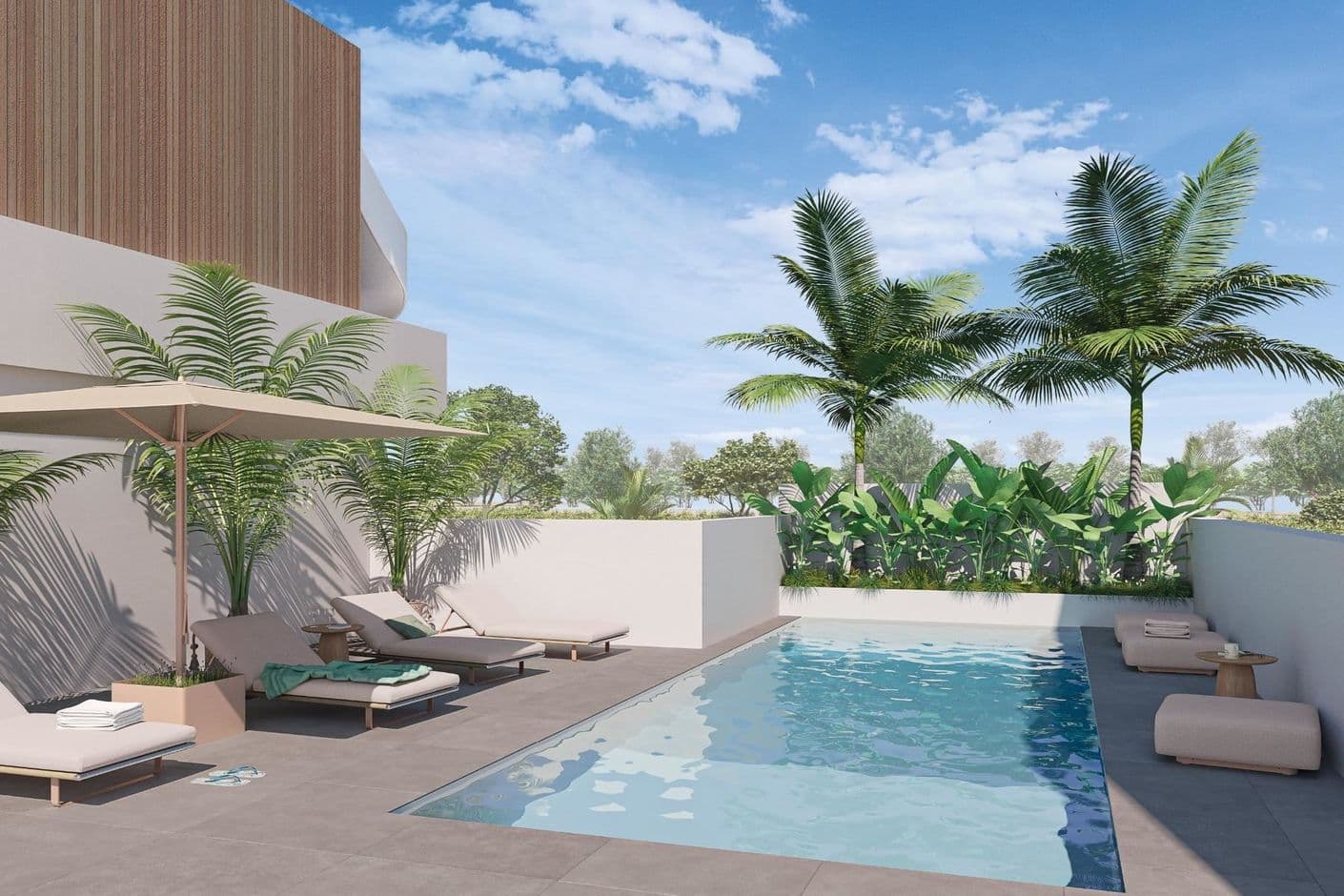 Moderna radhus med privata uteplatser och takterrasser i soligt läge