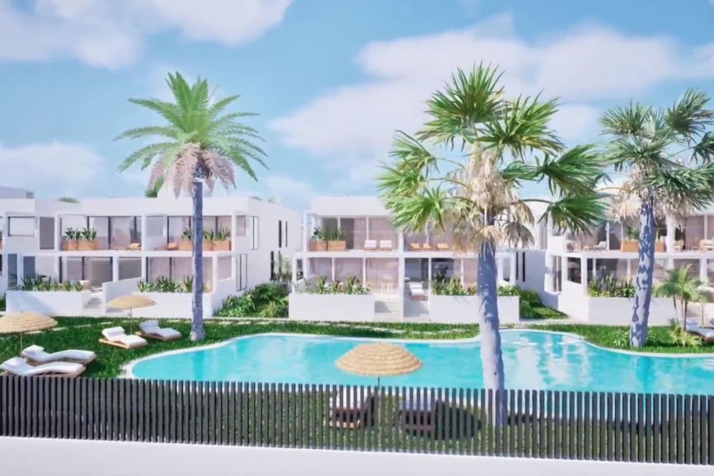 Bungalows de nueva construcción cerca del mar con jardines tropicales.