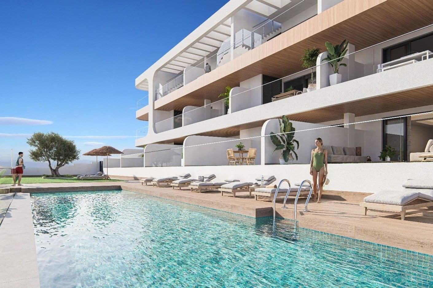 Apartamentos modernos de nueva construcción con terrazas y piscina. 