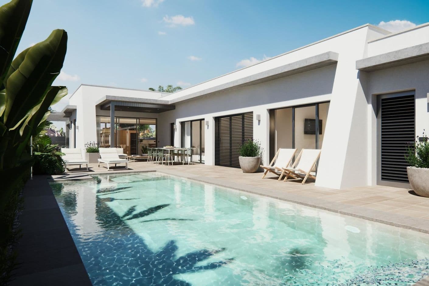 Villa exclusiva de una sola planta de nueva construcción con piscina privada y amplios espacios. Villa exclusiva de una sola planta de nueva construcción con piscina privada y amplios espacios.