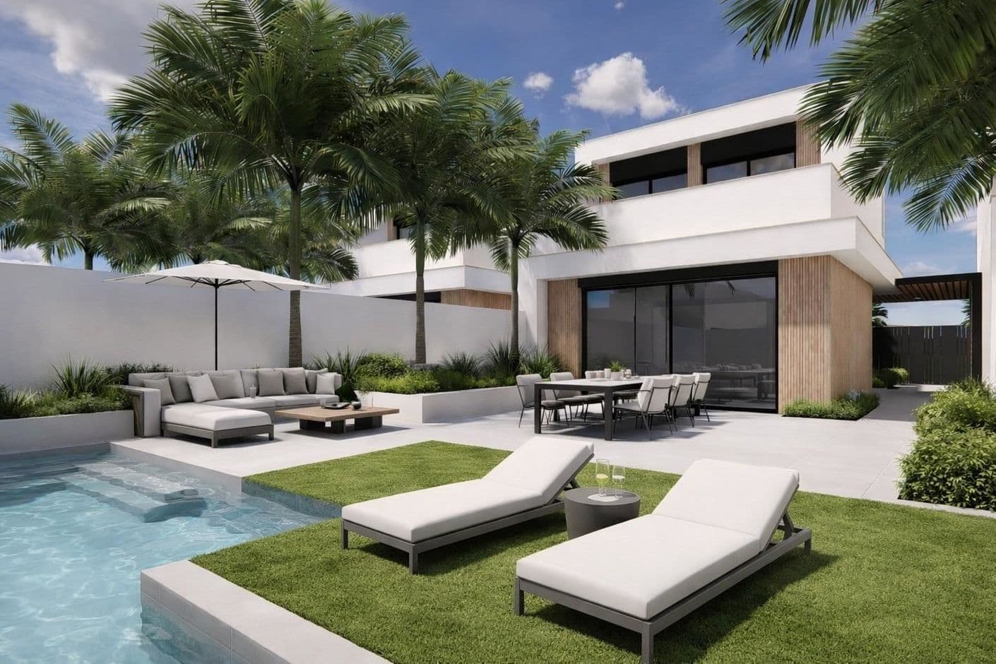 Moderne villa's met privézwembad en een zonnige ligging vlakbij een golfbaan en de zee. Moderne villa's met privézwembad en een zonnige ligging vlakbij een golfbaan en de zee.